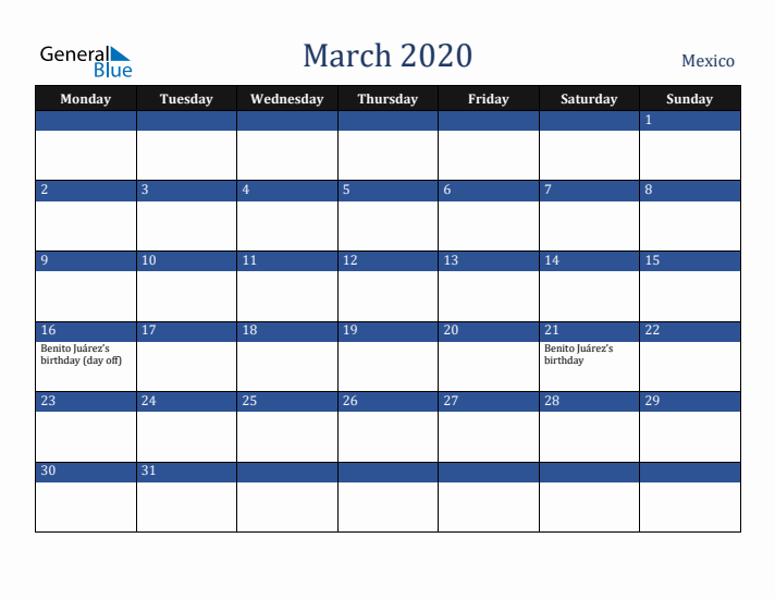 March 2020 Mexico Calendar (Monday Start)