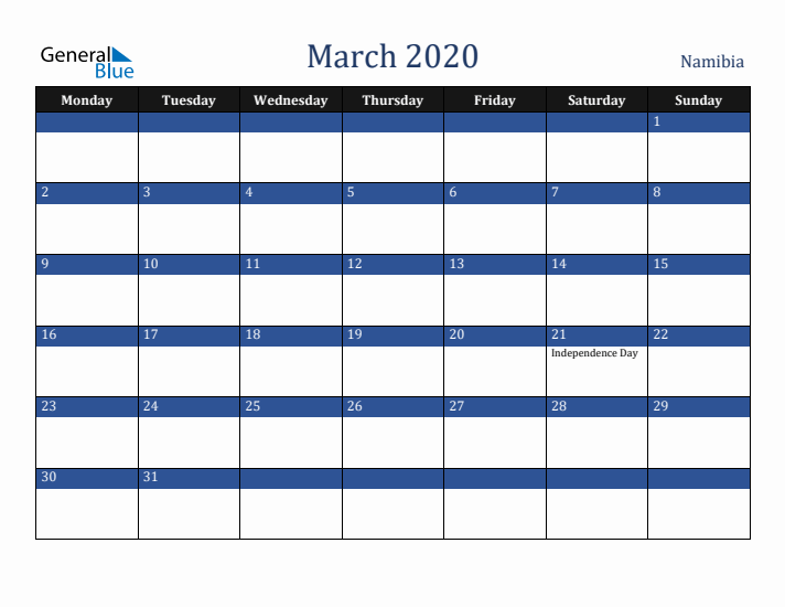 March 2020 Namibia Calendar (Monday Start)