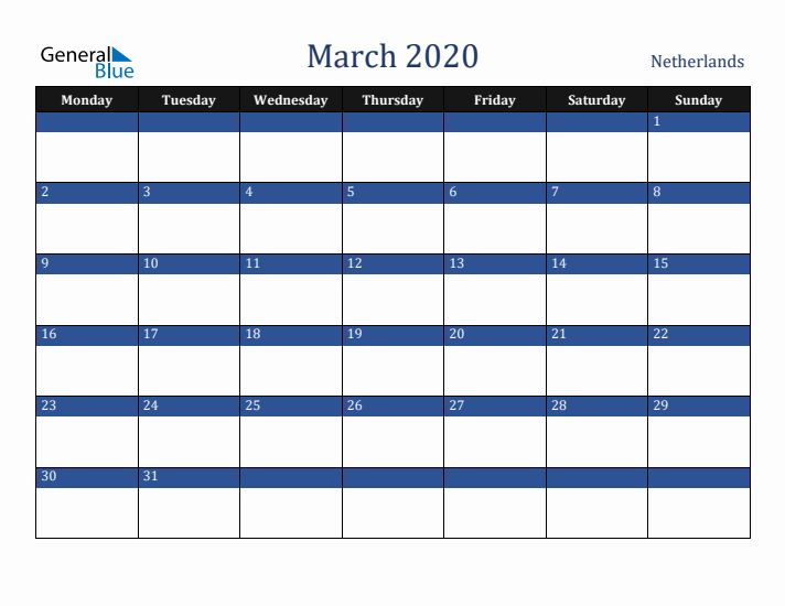 March 2020 The Netherlands Calendar (Monday Start)