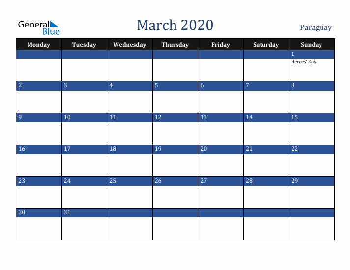March 2020 Paraguay Calendar (Monday Start)