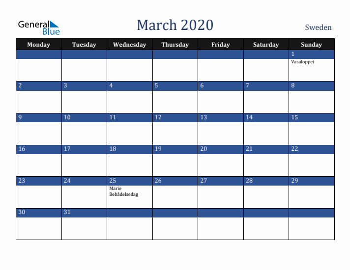 March 2020 Sweden Calendar (Monday Start)