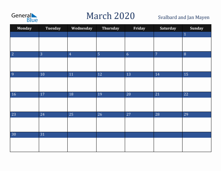 March 2020 Svalbard and Jan Mayen Calendar (Monday Start)