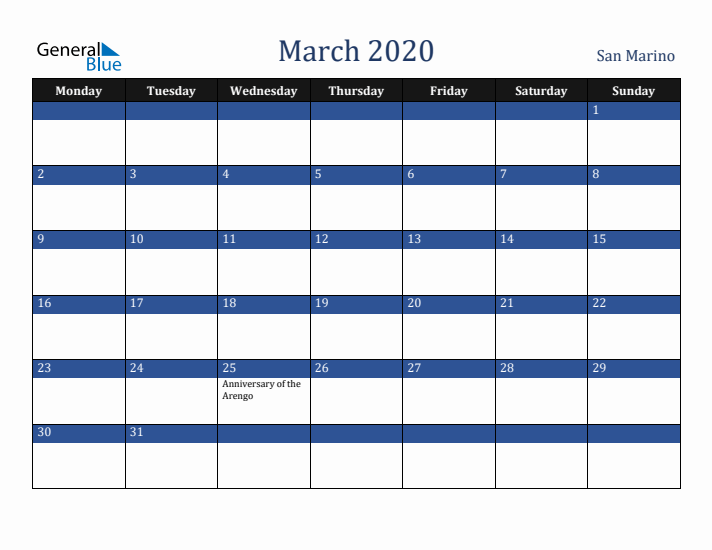 March 2020 San Marino Calendar (Monday Start)