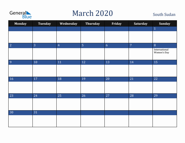 March 2020 South Sudan Calendar (Monday Start)