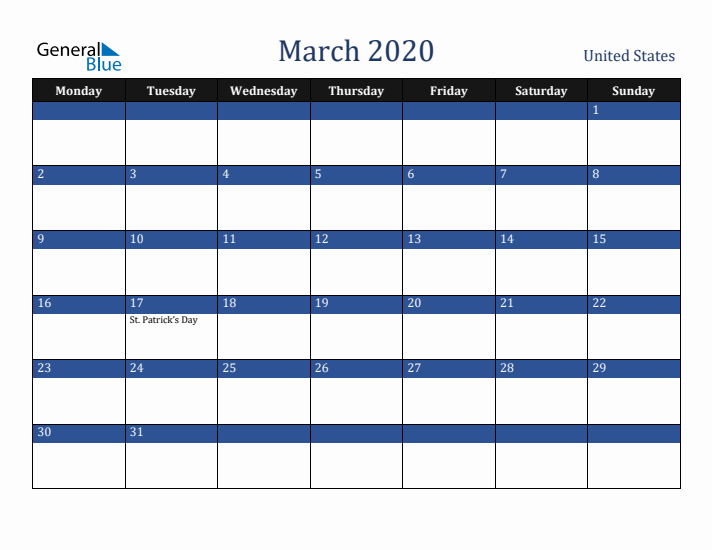 March 2020 United States Calendar (Monday Start)