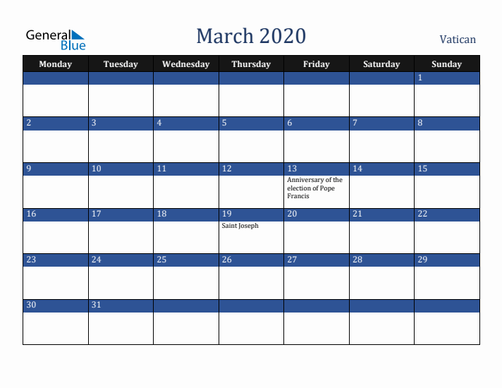 March 2020 Vatican Calendar (Monday Start)