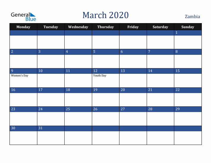 March 2020 Zambia Calendar (Monday Start)