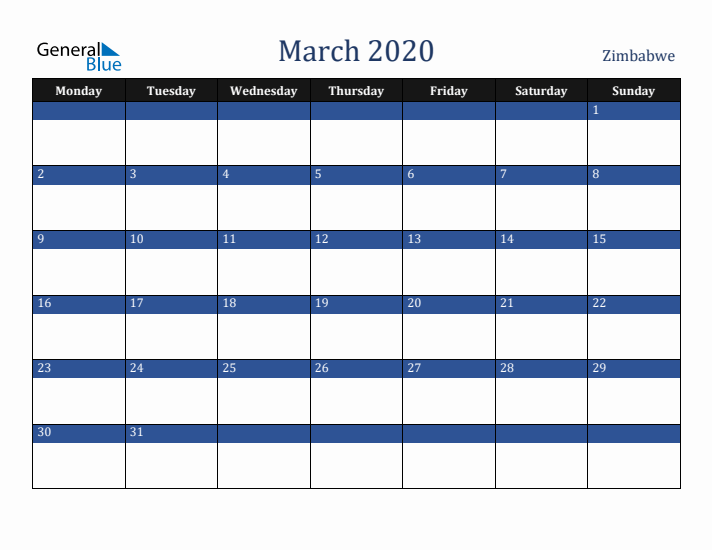 March 2020 Zimbabwe Calendar (Monday Start)