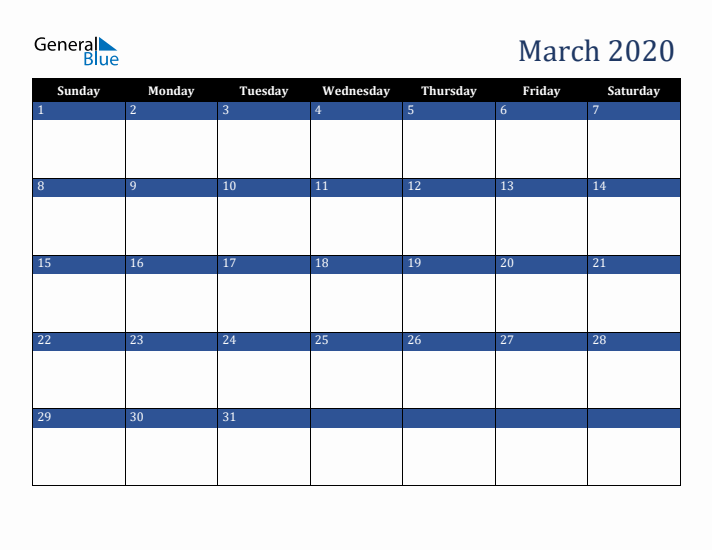 Sunday Start Calendar for March 2020