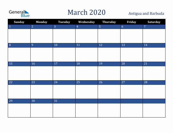 March 2020 Antigua and Barbuda Calendar (Sunday Start)