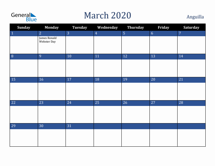 March 2020 Anguilla Calendar (Sunday Start)