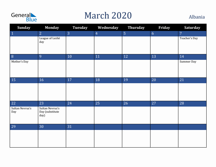 March 2020 Albania Calendar (Sunday Start)