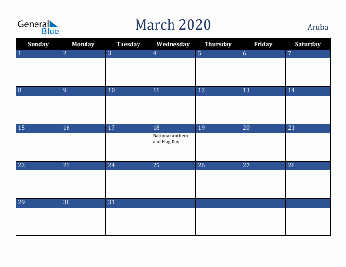March 2020 Aruba Calendar (Sunday Start)