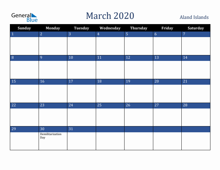 March 2020 Aland Islands Calendar (Sunday Start)
