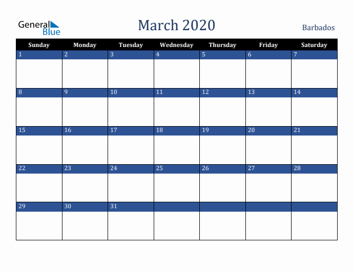 March 2020 Barbados Calendar (Sunday Start)