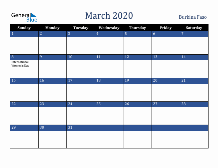 March 2020 Burkina Faso Calendar (Sunday Start)