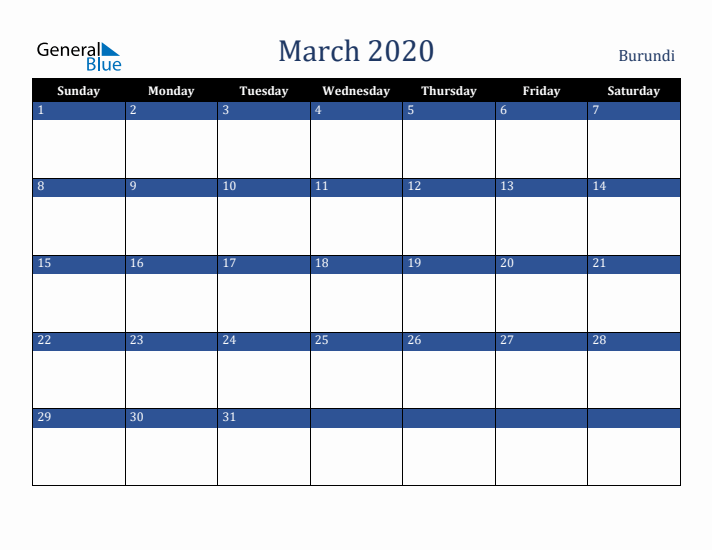 March 2020 Burundi Calendar (Sunday Start)
