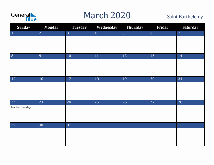 March 2020 Saint Barthelemy Calendar (Sunday Start)