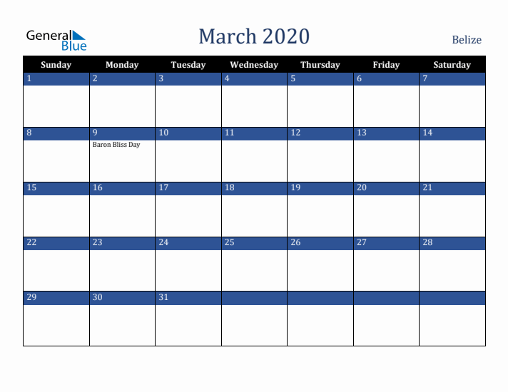 March 2020 Belize Calendar (Sunday Start)