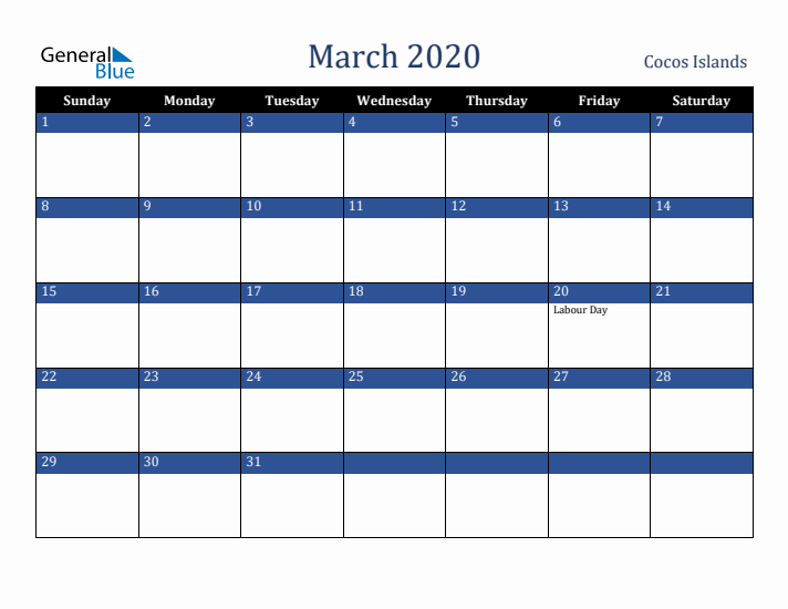 March 2020 Cocos Islands Calendar (Sunday Start)