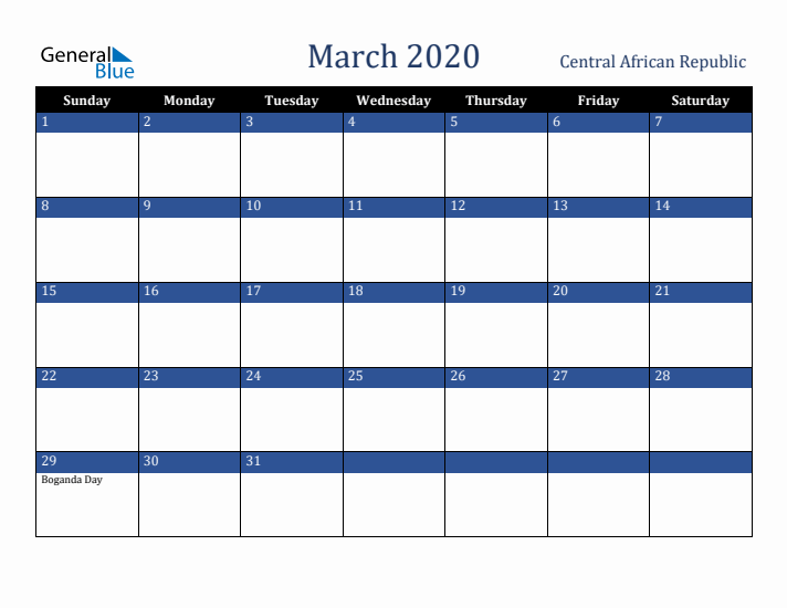 March 2020 Central African Republic Calendar (Sunday Start)