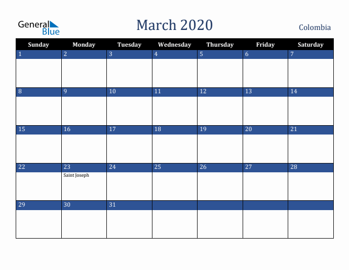 March 2020 Colombia Calendar (Sunday Start)