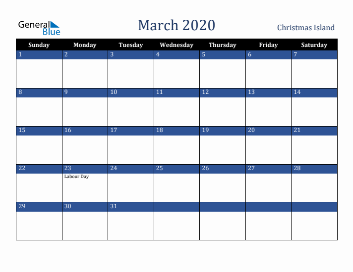 March 2020 Christmas Island Calendar (Sunday Start)