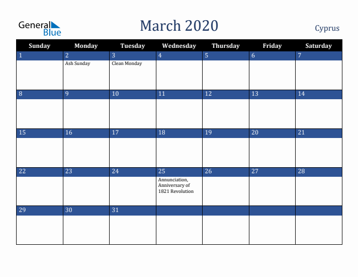 March 2020 Cyprus Calendar (Sunday Start)