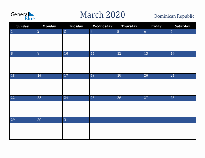 March 2020 Dominican Republic Calendar (Sunday Start)