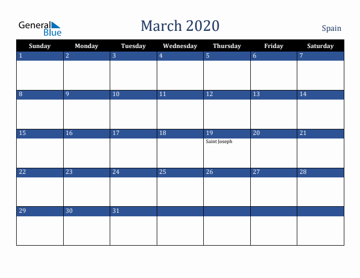 March 2020 Spain Calendar (Sunday Start)