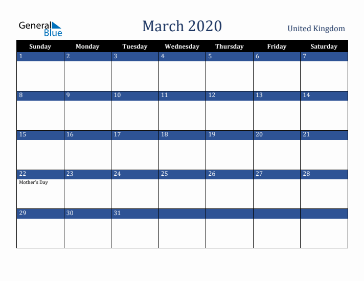 March 2020 United Kingdom Calendar (Sunday Start)