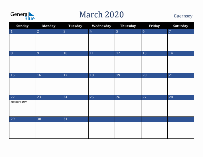 March 2020 Guernsey Calendar (Sunday Start)
