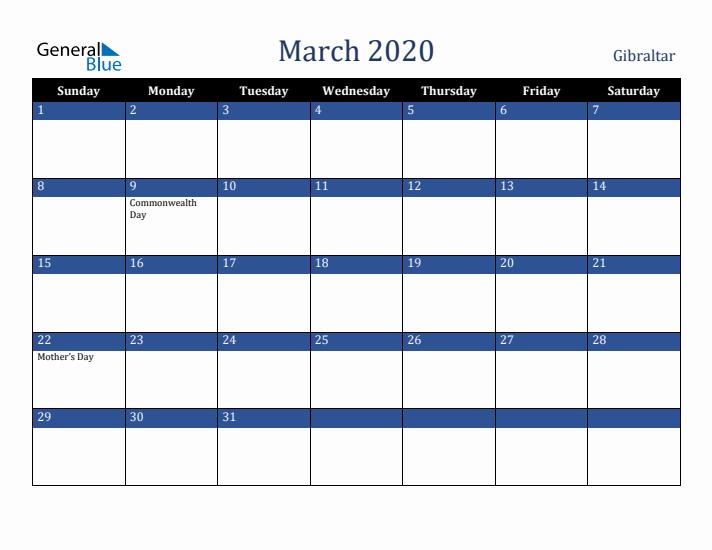 March 2020 Gibraltar Calendar (Sunday Start)