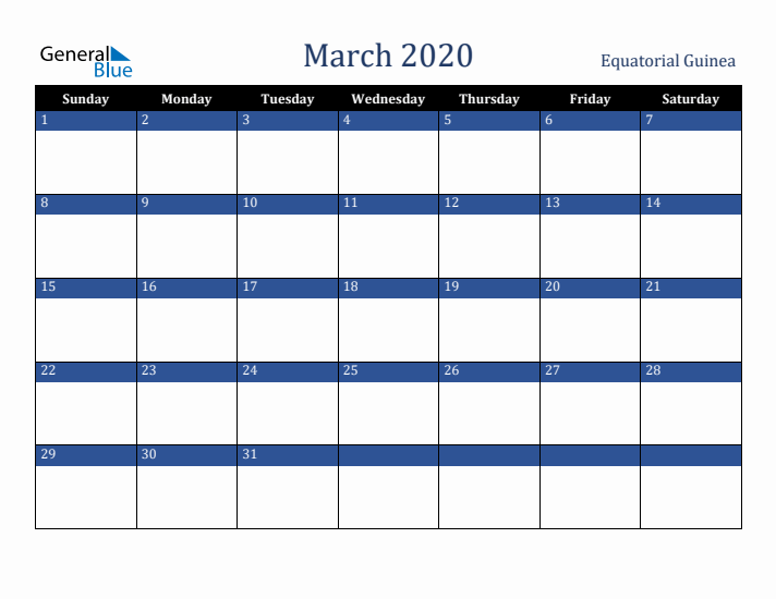March 2020 Equatorial Guinea Calendar (Sunday Start)