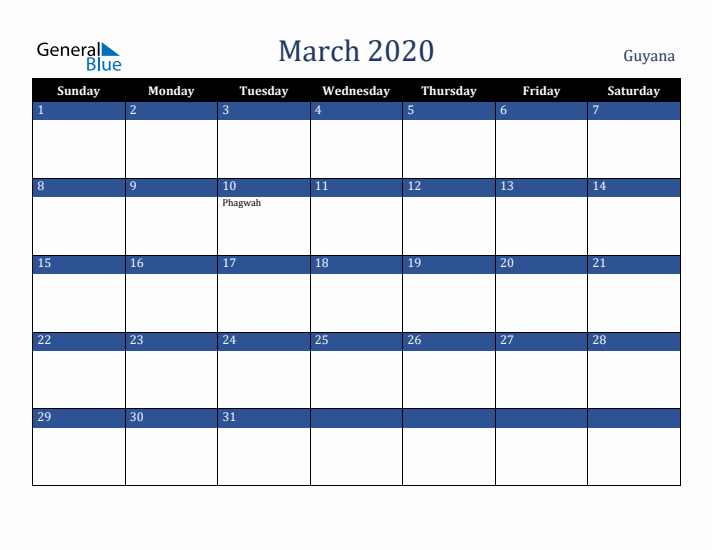March 2020 Guyana Calendar (Sunday Start)
