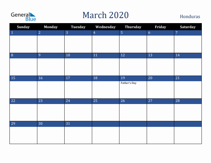 March 2020 Honduras Calendar (Sunday Start)