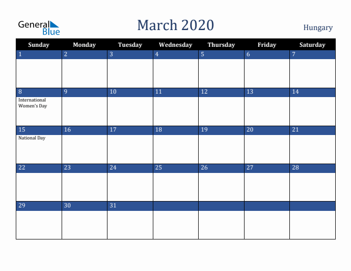March 2020 Hungary Calendar (Sunday Start)