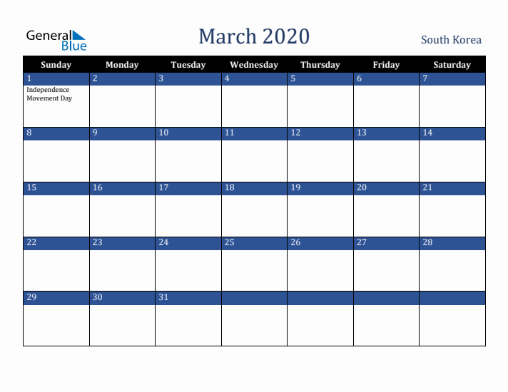March 2020 South Korea Calendar (Sunday Start)