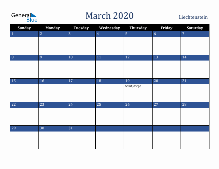 March 2020 Liechtenstein Calendar (Sunday Start)