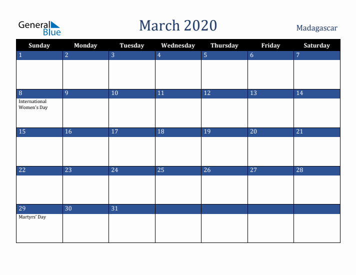 March 2020 Madagascar Calendar (Sunday Start)