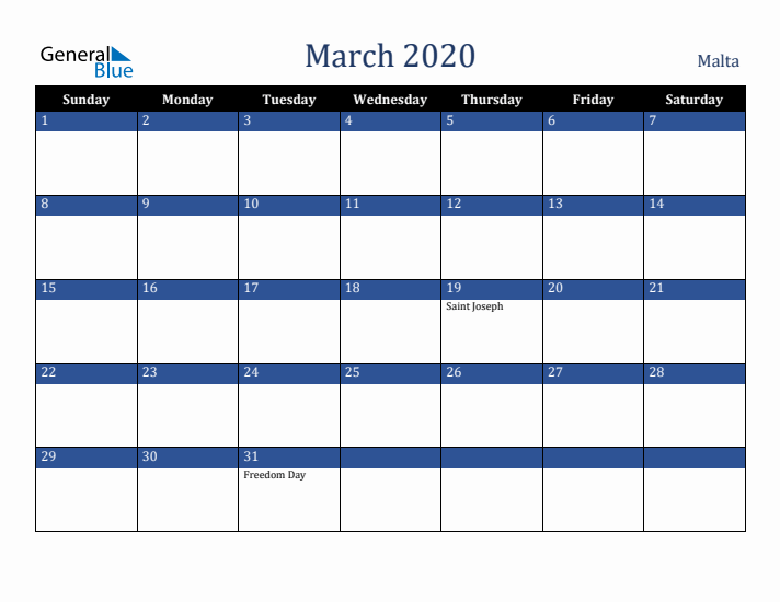 March 2020 Malta Calendar (Sunday Start)