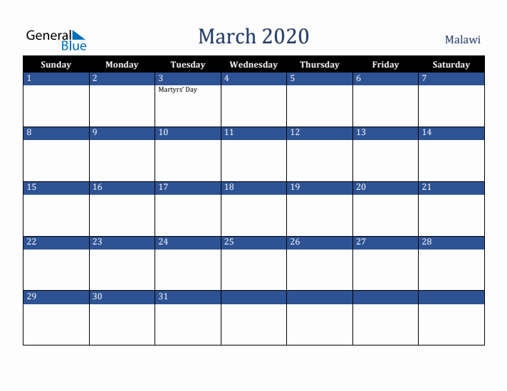 March 2020 Malawi Calendar (Sunday Start)