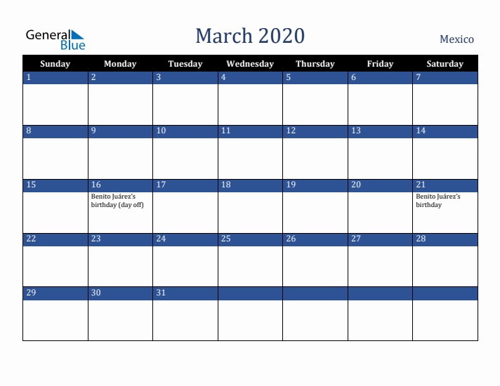 March 2020 Mexico Calendar (Sunday Start)