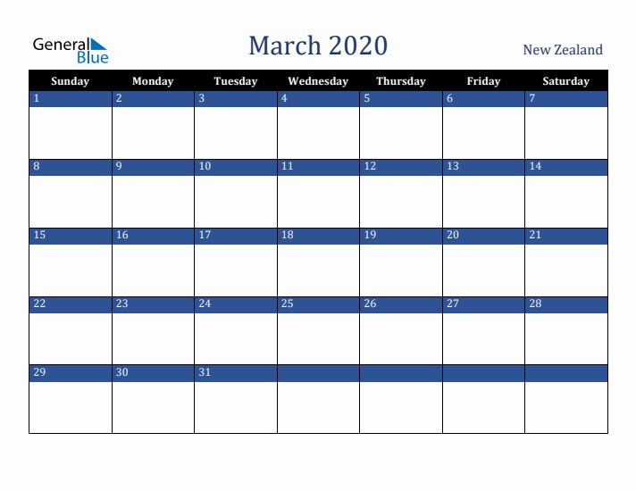 March 2020 New Zealand Calendar (Sunday Start)