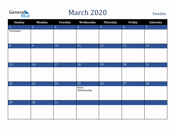March 2020 Sweden Calendar (Sunday Start)