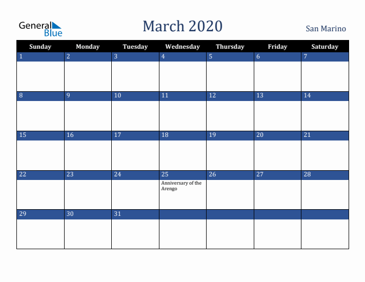 March 2020 San Marino Calendar (Sunday Start)