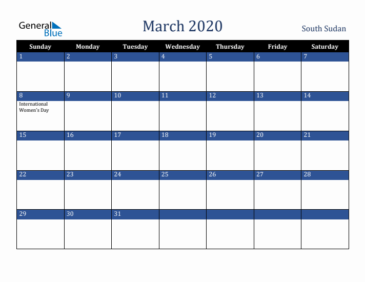 March 2020 South Sudan Calendar (Sunday Start)
