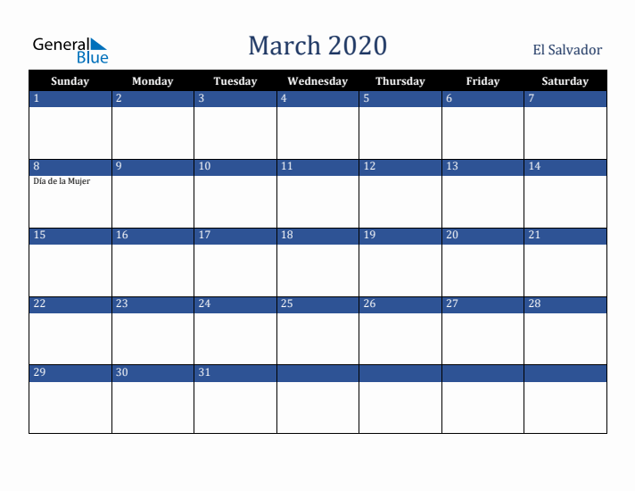 March 2020 El Salvador Calendar (Sunday Start)