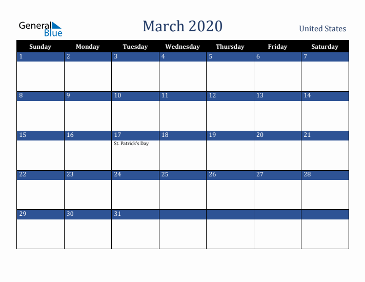 March 2020 United States Calendar (Sunday Start)