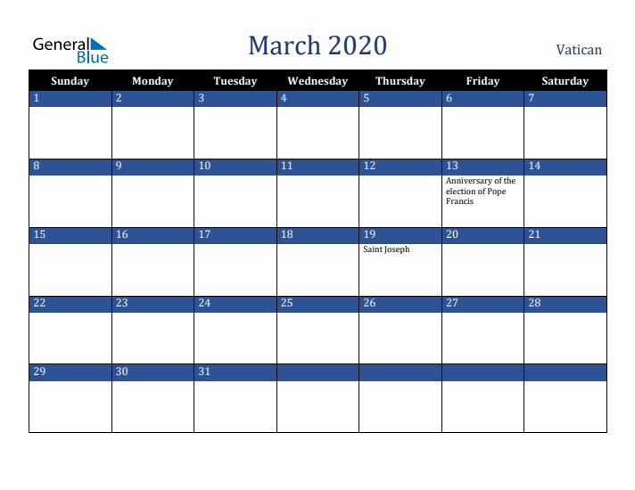 March 2020 Vatican Calendar (Sunday Start)